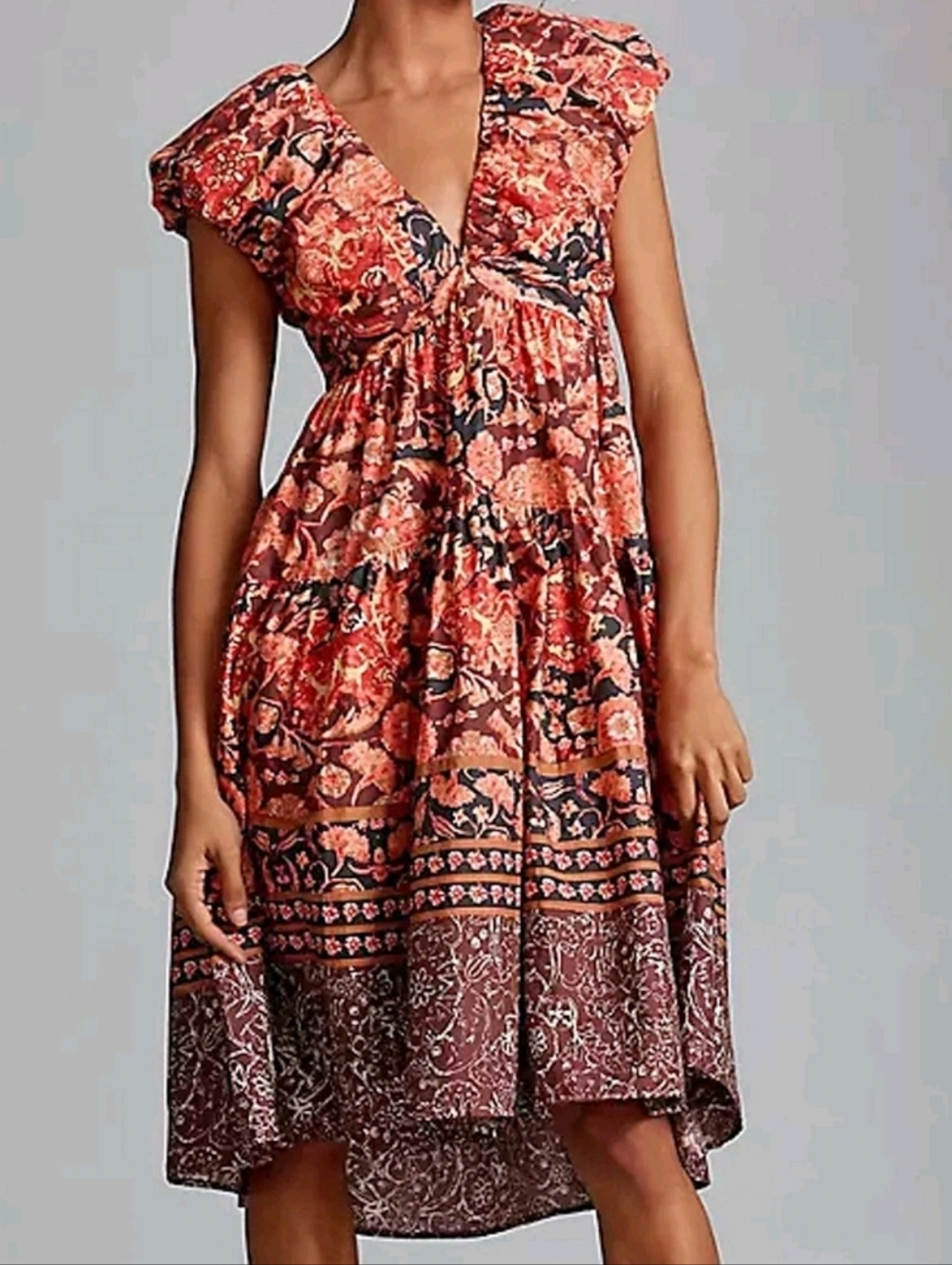 Anthropologie NWT tiered floral boho Printed V Neck Babydoll Dress Size 6P